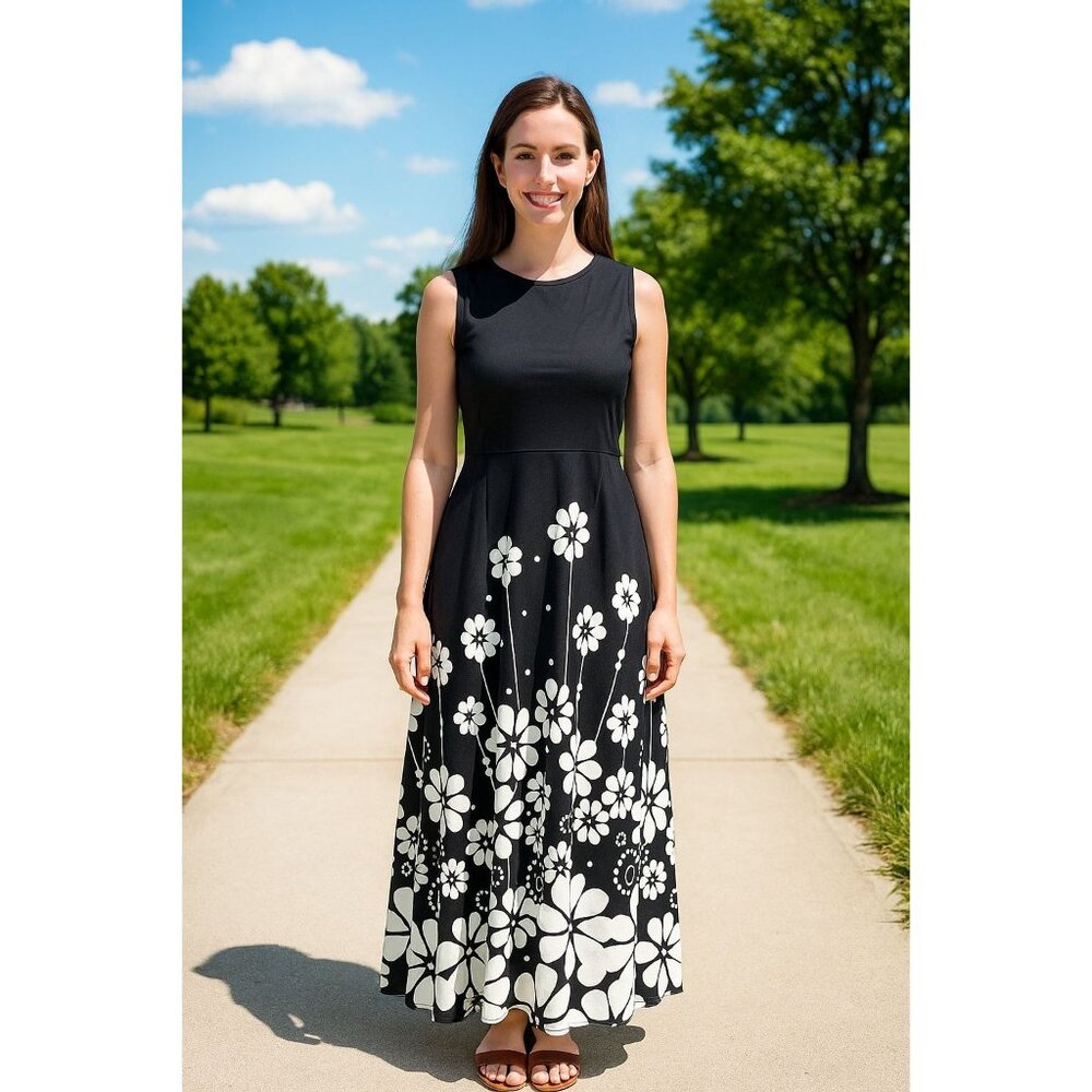 Sleeveless Black & White Floral Maxi Dress With Back Zipper & Fitted Waist